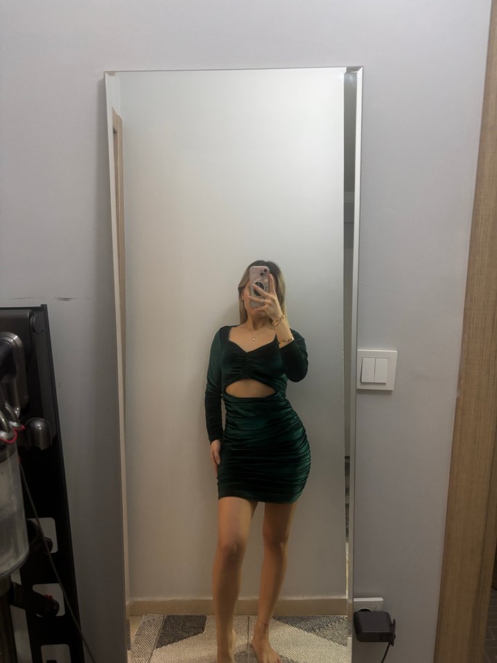 Süet Kumaşlı Yeşil Mini Elbise - Görsel 4