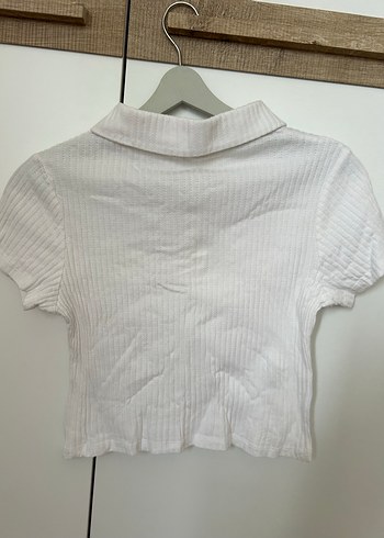 Kız Çocuk Beyaz Düğmeli Polo crop Tişört - Görsel 2