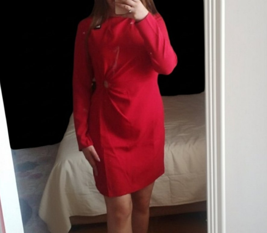 Kırmızı Düğmeli Kadın Kalem Elbise - Görsel 2