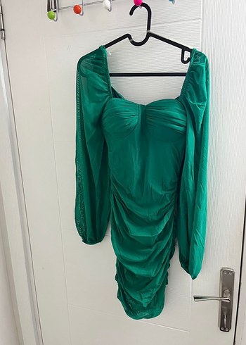 Drapeli Straplez Mini Elbise, Uzun Kollu - Görsel 7