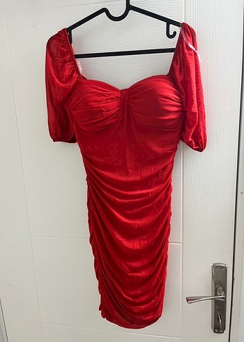 Kırmızı Drapeli Straplez Mini Elbise - Görsel 8