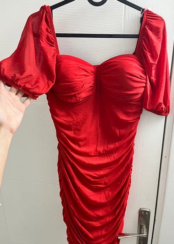 Kırmızı Drapeli Straplez Mini Elbise - Görsel 2