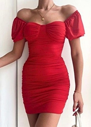 Kırmızı Drapeli Straplez Mini Elbise - Görsel 7