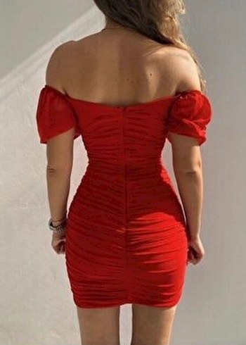 Kırmızı Drapeli Straplez Mini Elbise - Görsel 5