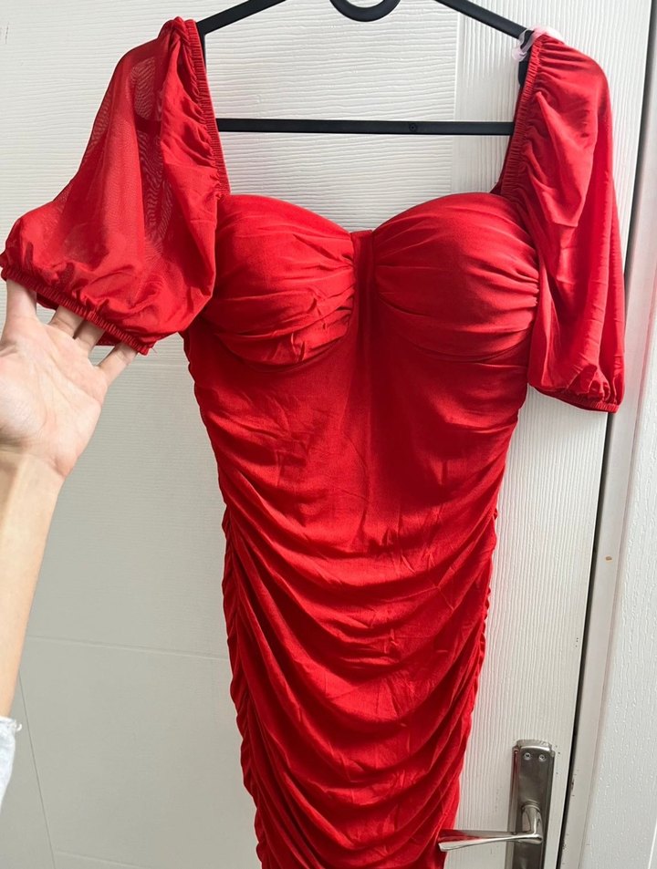 Kırmızı Drapeli Straplez Mini Elbise - Görsel 2