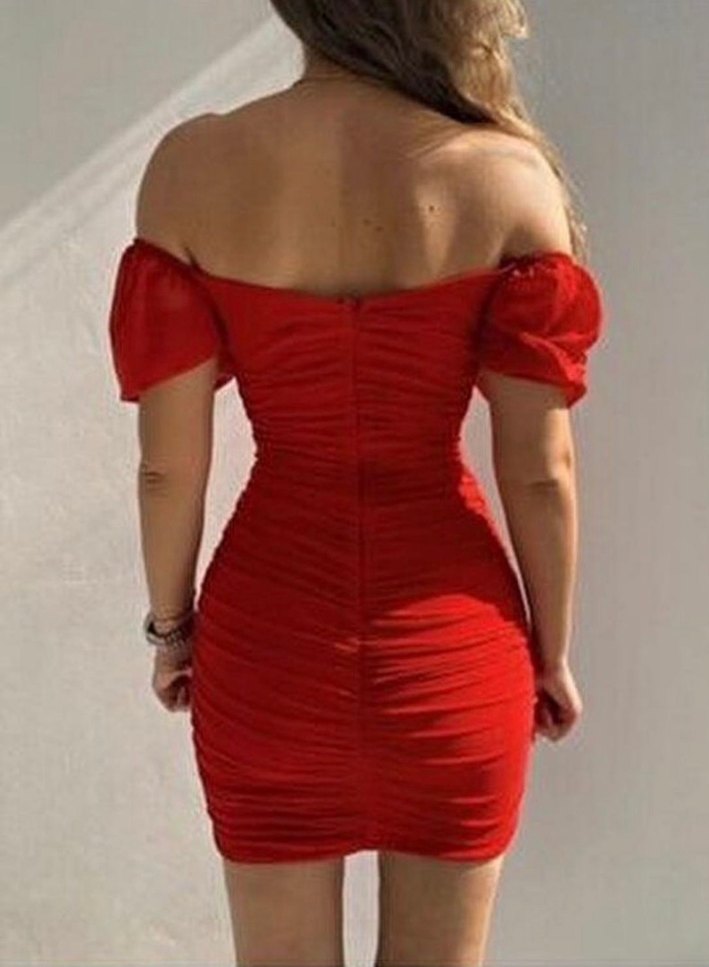 Kırmızı Drapeli Straplez Mini Elbise - Görsel 5