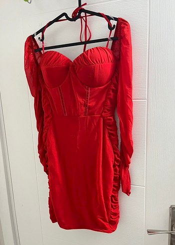Parlak Kırmızı Drapeli Mini Elbise - Görsel 4