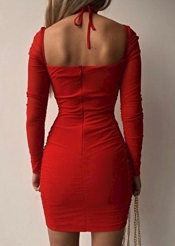 Parlak Kırmızı Drapeli Mini Elbise - Görsel 3
