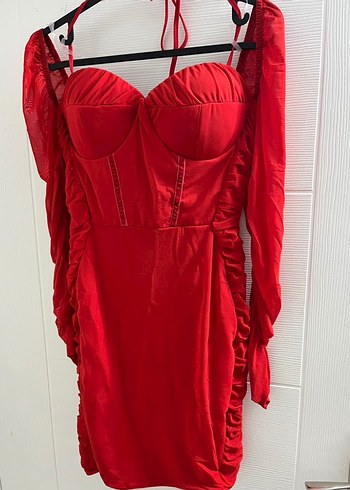 Parlak Kırmızı Drapeli Mini Elbise - Görsel 5