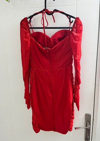 Parlak Kırmızı Drapeli Mini Elbise - Görsel 6