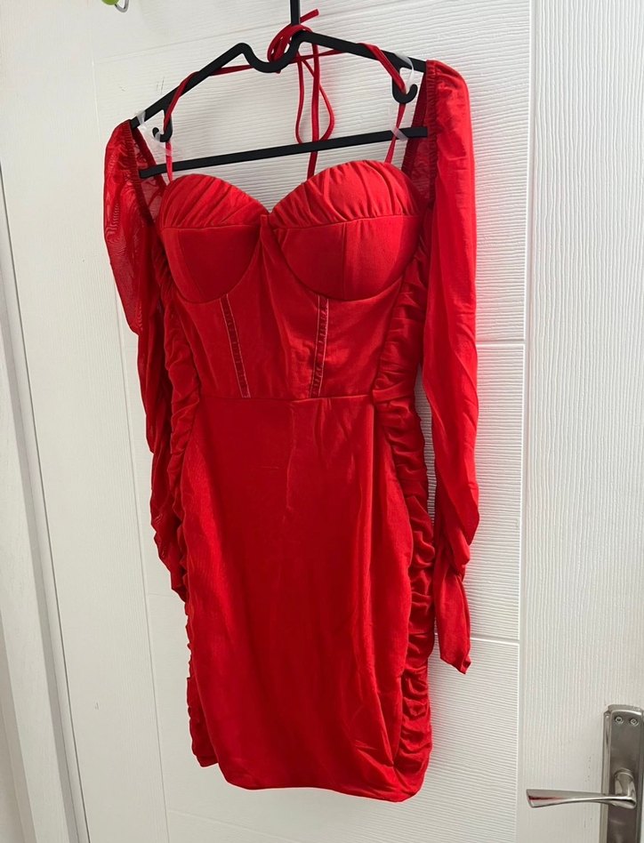 Parlak Kırmızı Drapeli Mini Elbise - Görsel 4