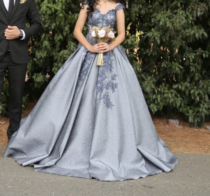 Gri V Yaka Modern Klasik Uzun Abiye - Görsel 3