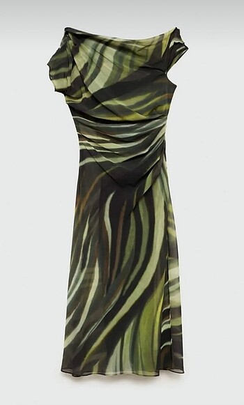 MANGO Drape Detaylı Yeşil Desenli Elbise