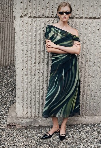 m Beden MANGO Drape Detaylı Yeşil Desenli Elbise