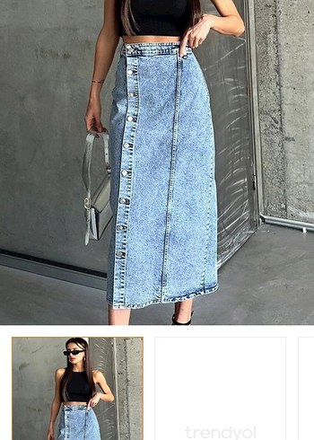 Düğmeli Uzun Mavi Denim Etek