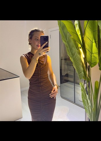 Zara drapeli Kahverengi Midi Elbise