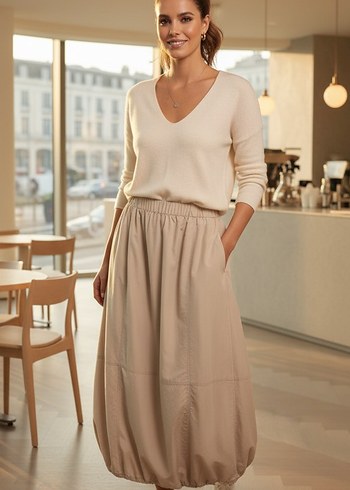 Bej Midi Keten Salaş Etek balon paraşüt modal kumaş etek - Görsel 10