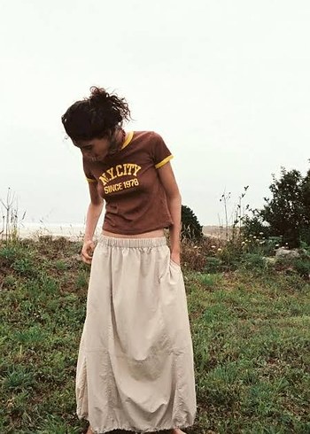 Bej Midi Keten Salaş Etek balon paraşüt modal kumaş etek - Görsel 4