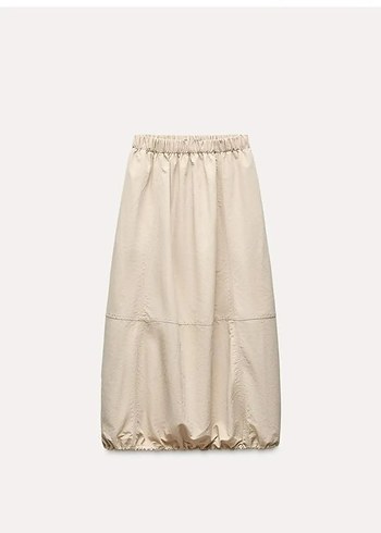 Bej Midi Keten Salaş Etek balon paraşüt modal kumaş etek - Görsel 2