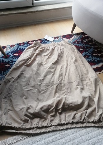 Bej Midi Keten Salaş Etek balon paraşüt modal kumaş etek - Görsel 9