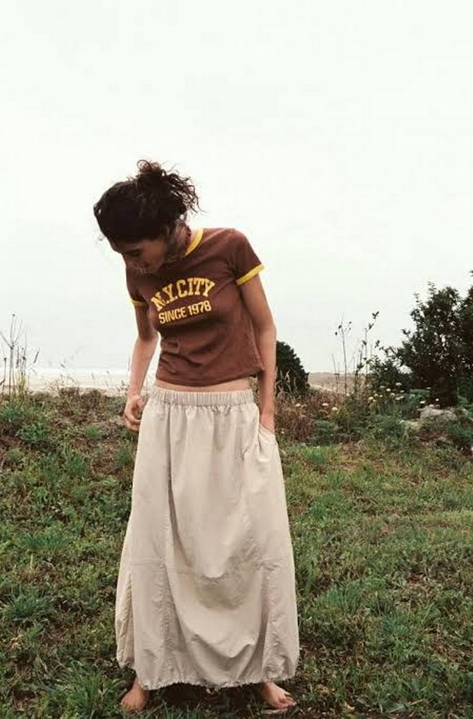 Bej Midi Keten Salaş Etek balon paraşüt modal kumaş etek - Görsel 4