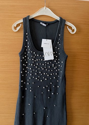 Zara Taş İşlemeli Gri Uzun Kalem Elbise - Görsel 2