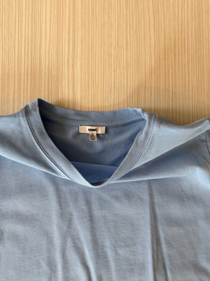 Kadın Mavi Kısa Kollu Basic Tişört - Görsel 3