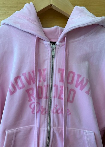 Pembe Kadife Kapüşonlu Fermuarlı Sweatshirt - Görsel 2