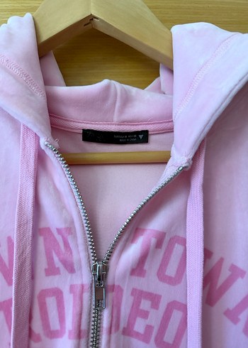 Pembe Kadife Kapüşonlu Fermuarlı Sweatshirt - Görsel 3