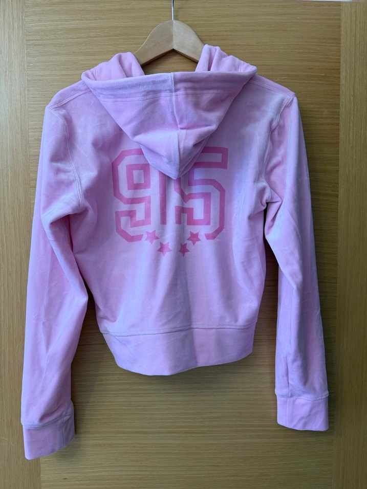 Pembe Kadife Kapüşonlu Fermuarlı Sweatshirt - Görsel 4