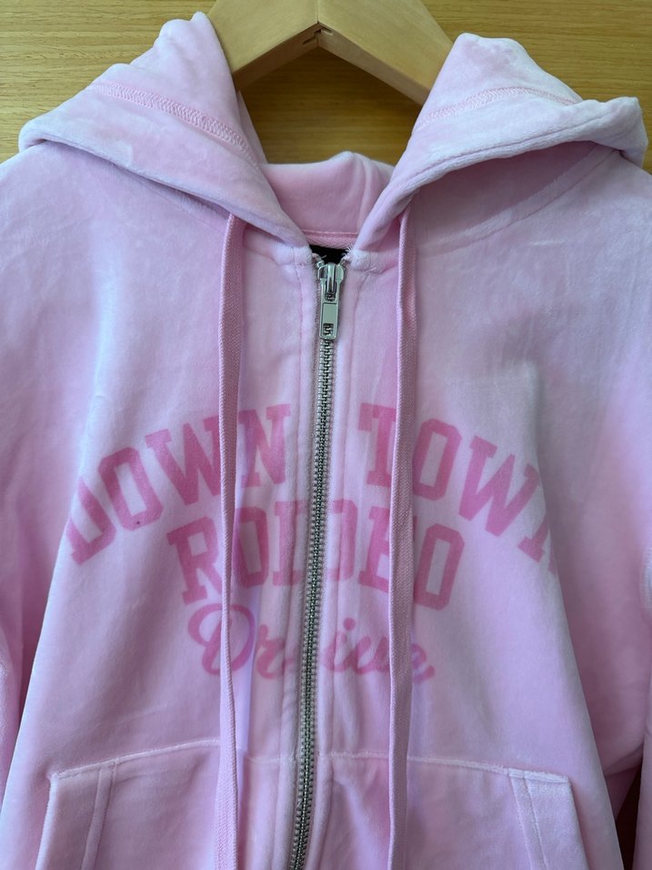 Pembe Kadife Kapüşonlu Fermuarlı Sweatshirt - Görsel 2