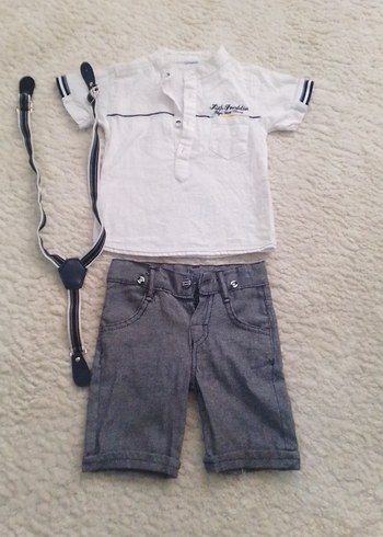Erkek Bebek Kemerli Gri Denim Şort Takımı