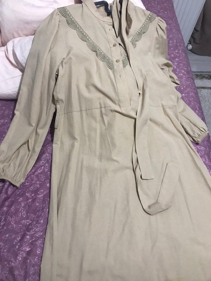 Bej Kemerli Uzun  Elbise - Görsel 4