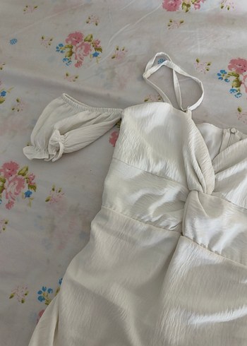 Beyaz Drapeli Midi V Yaka Kadın Elbise - Görsel 4