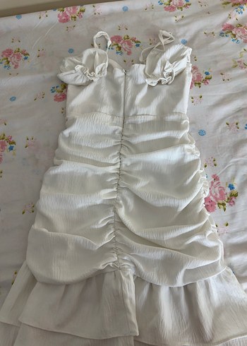 Beyaz Drapeli Midi V Yaka Kadın Elbise - Görsel 5