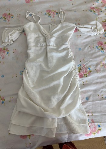 Beyaz Drapeli Midi V Yaka Kadın Elbise - Görsel 2