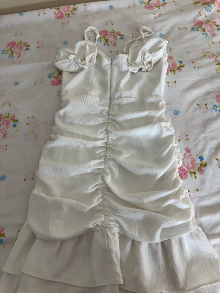 Beyaz Drapeli Midi V Yaka Kadın Elbise - Görsel 5