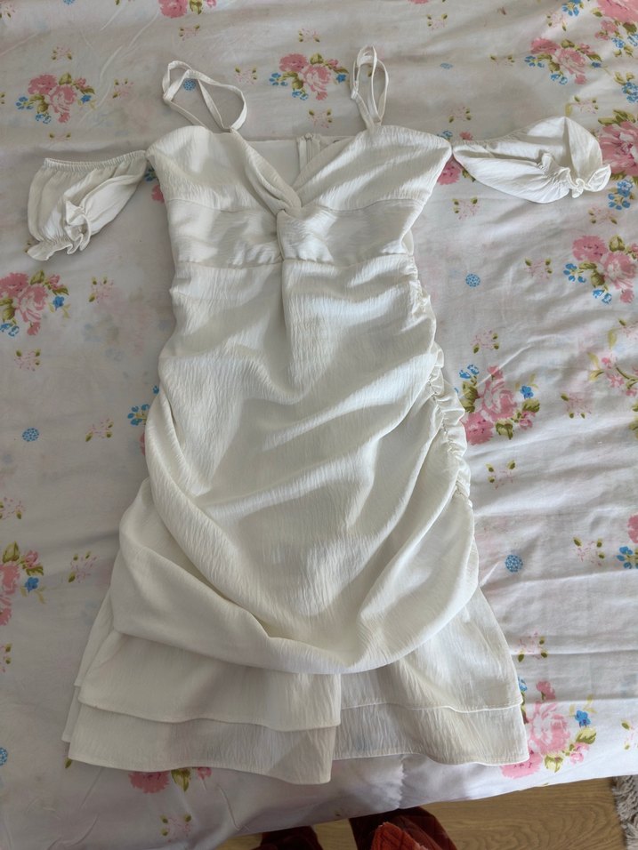 Beyaz Drapeli Midi V Yaka Kadın Elbise - Görsel 2