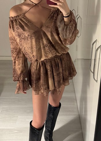 Bohem Kahverengi Mini Elbise - Görsel 2