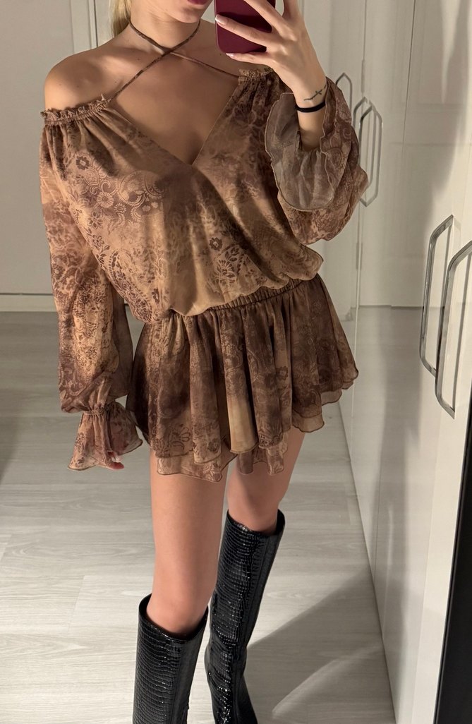 Bohem Kahverengi Mini Elbise - Görsel 2