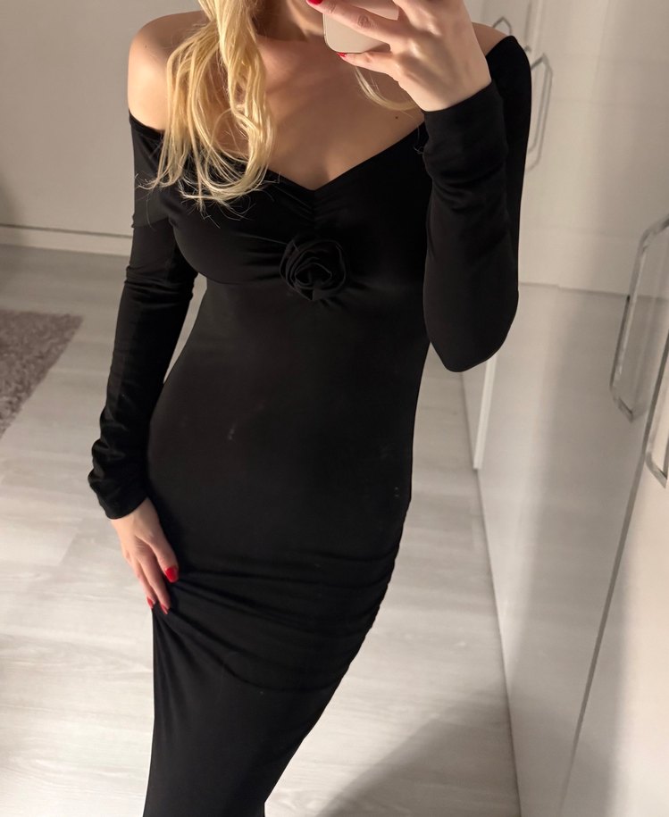 Eyyo Siyah Uzun Kollu Drapeli V Yaka Uzun Elbise - Görsel 2