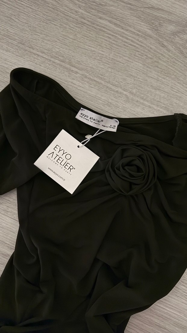 Eyyo Siyah Uzun Kollu Drapeli V Yaka Uzun Elbise - Görsel 3