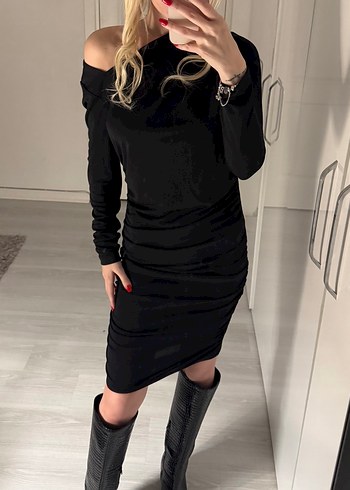 Siyah Drapeli Mini Elbise - Görsel 3