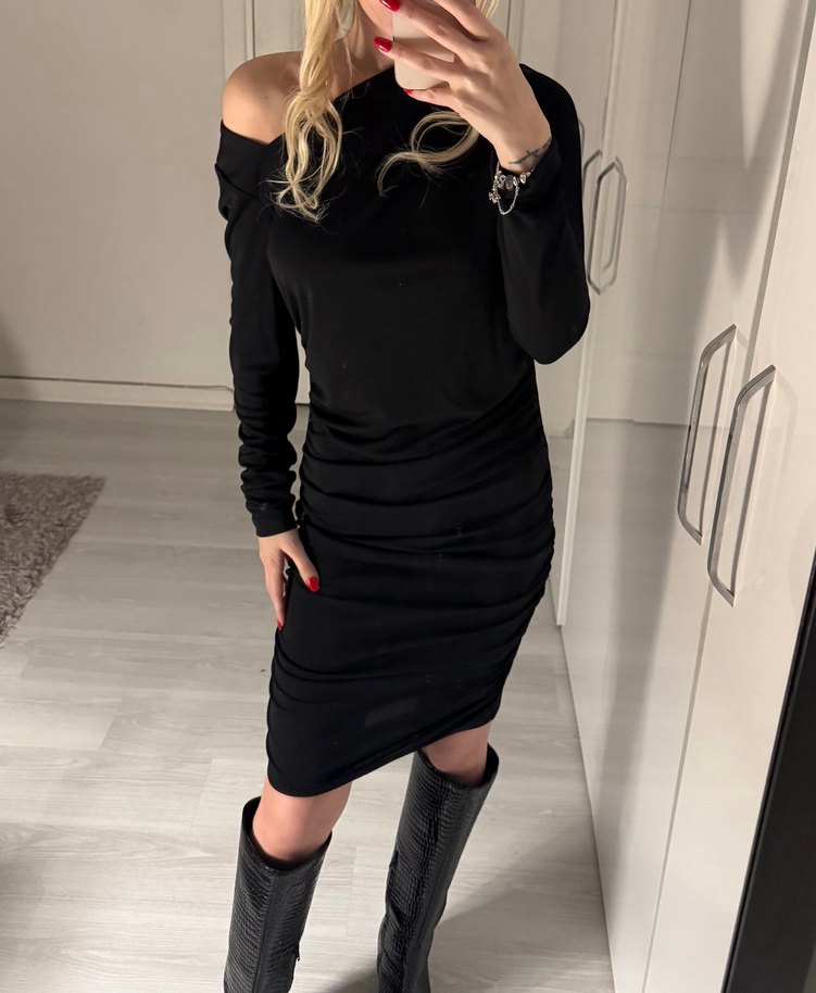 Siyah Drapeli Mini Elbise - Görsel 3