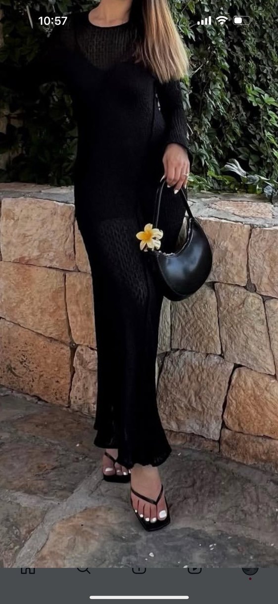 Siyah Deri V Yaka Uzun Elbise - Görsel 2