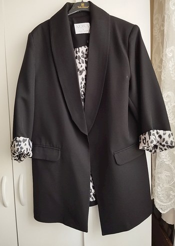 Leopar Desenli Siyah Kadın Uzun Blazer Ceket