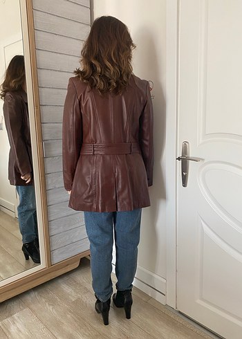 Kahverengi Deri Kemerli Kadın Ceket - Görsel 3