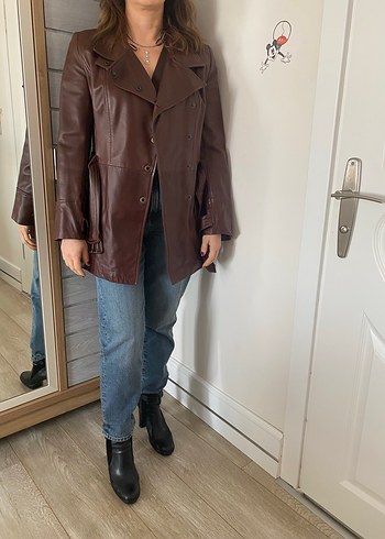 Kahverengi Deri Kemerli Kadın Ceket - Görsel 2