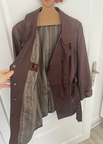 Kahverengi Deri Kemerli Kadın Ceket - Görsel 12