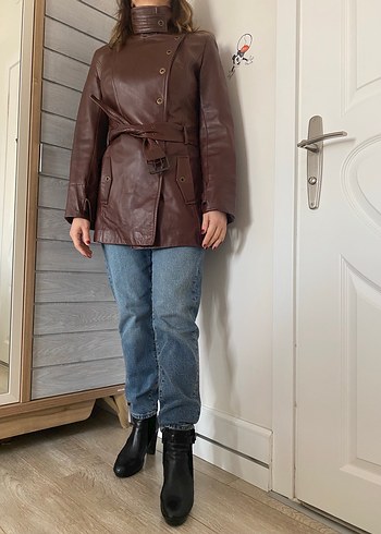 Kahverengi Deri Kemerli Kadın Ceket - Görsel 6